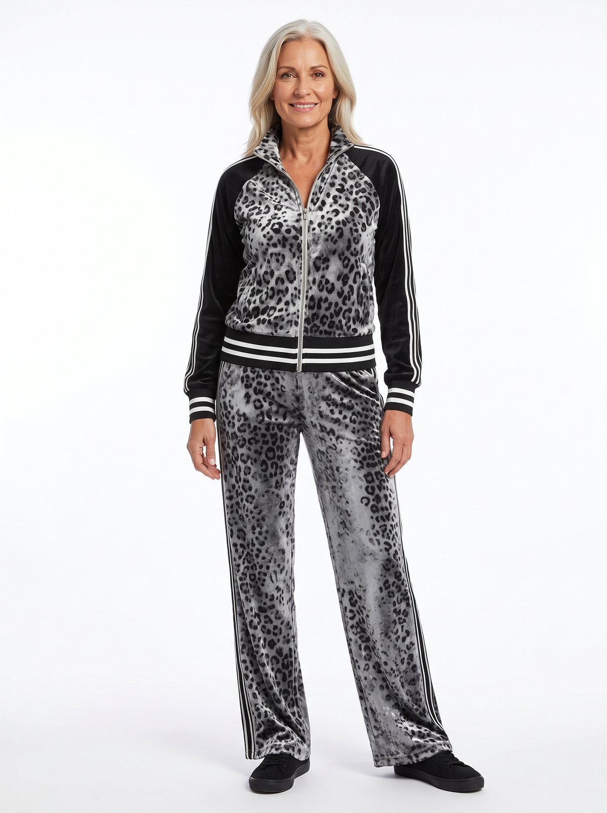 Ursula | Women's Leopard Velvet Zip Track Jacket & Wide-Leg Trouser Set model1