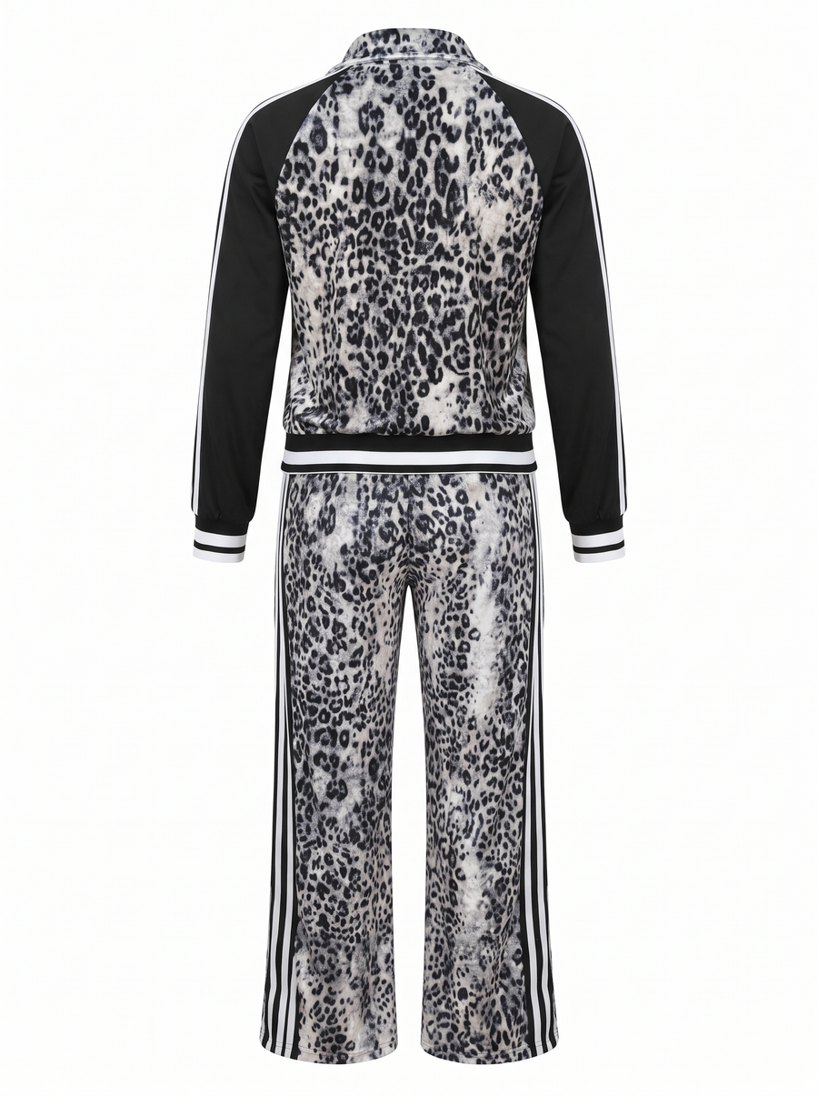 Ursula | Women's Leopard Velvet Zip Track Jacket & Wide-Leg Trouser Set back