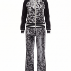 Ursula | Women's Leopard Velvet Zip Track Jacket & Wide-Leg Trouser Set front
