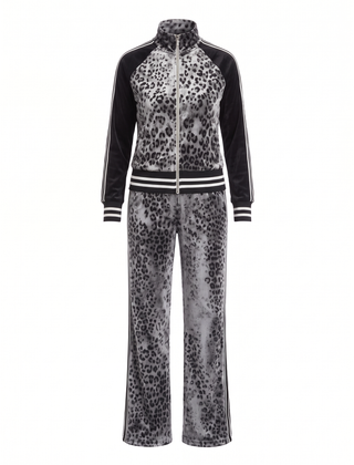Ursula | Women's Leopard Velvet Zip Track Jacket & Wide-Leg Trouser Set front