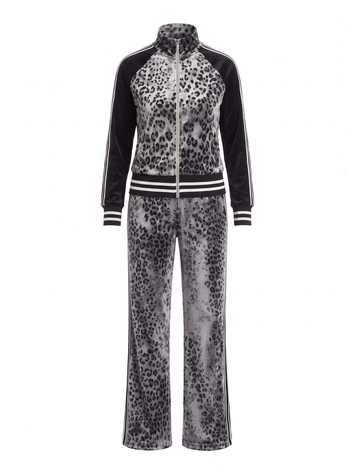 Ursula | Women's Leopard Velvet Zip Track Jacket & Wide-Leg Trouser Set front