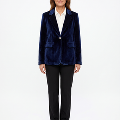 Woman wearing the navy velvet blazer, front view