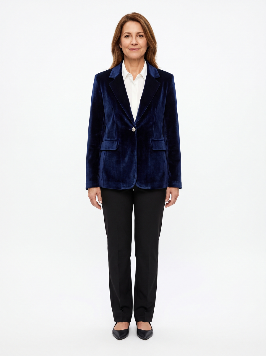Woman wearing the navy velvet blazer, front view