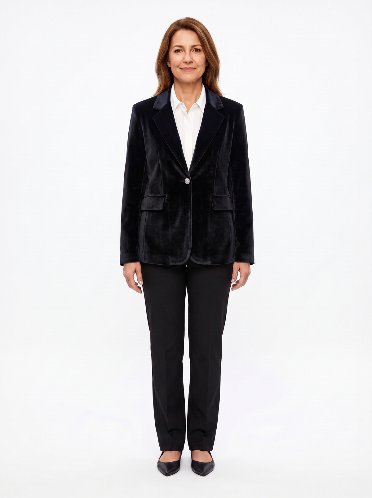 Black velvet blazer, front view