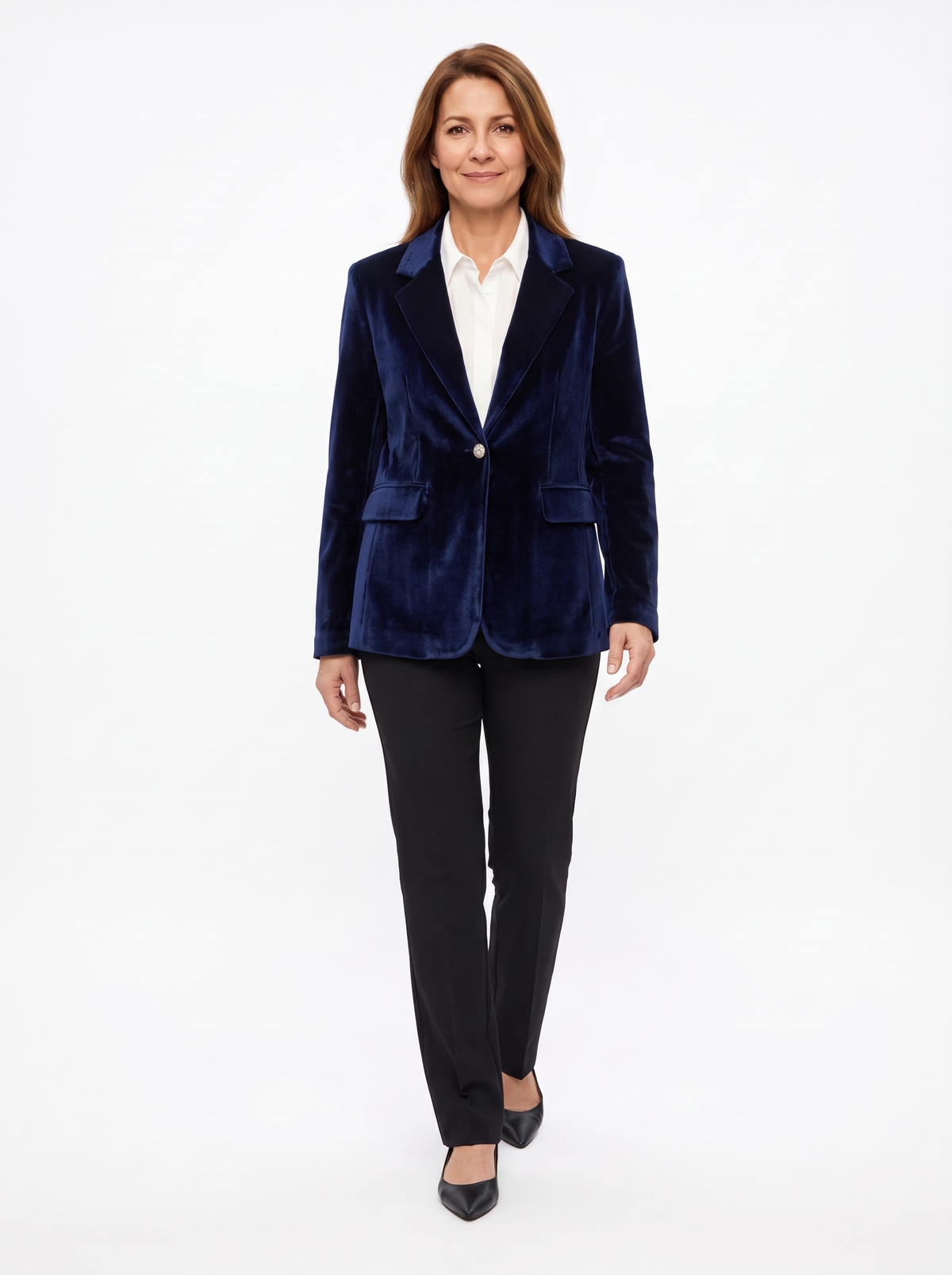 Woman walking in the navy velvet blazer