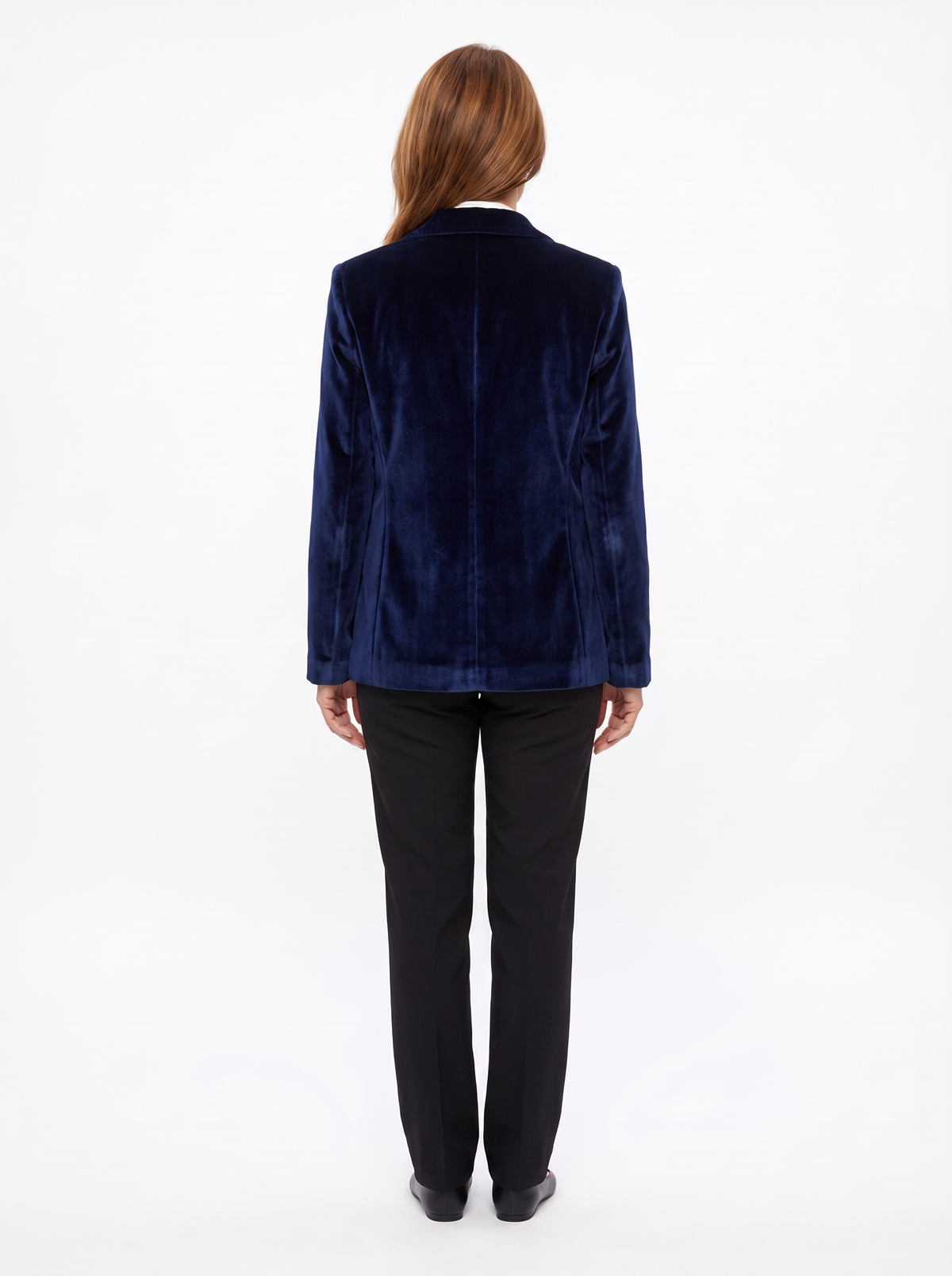 Navy velvet blazer, back view