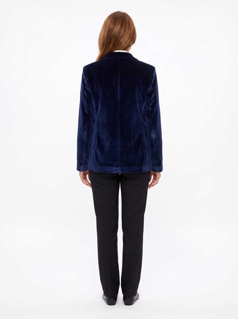 Navy velvet blazer, back view
