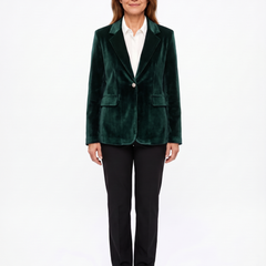 Forest green velvet blazer, front view