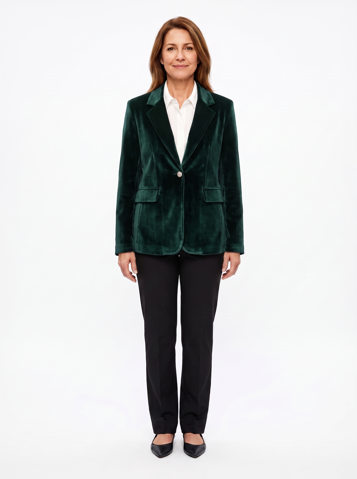 Forest green velvet blazer, front view