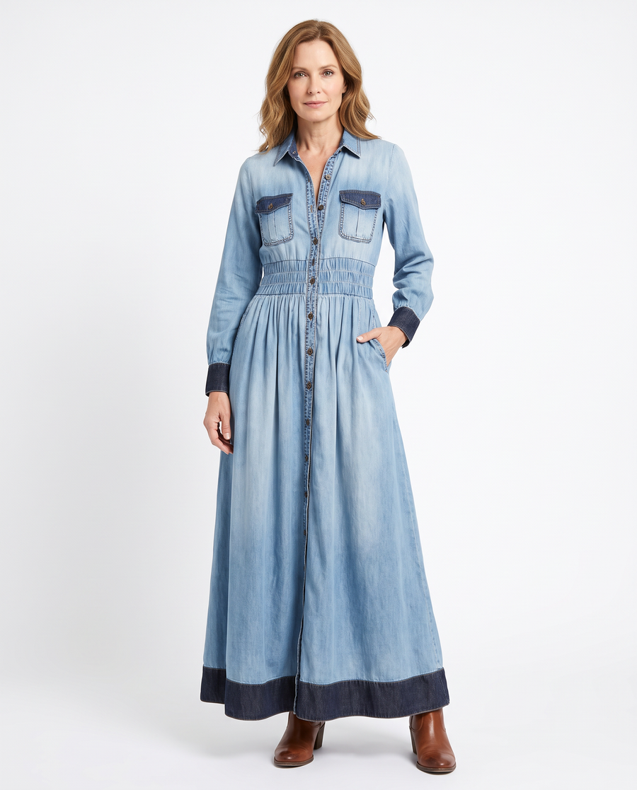 Phyllis-Estelle | Women's Smocked-Waist Denim Maxi Shirt Dress