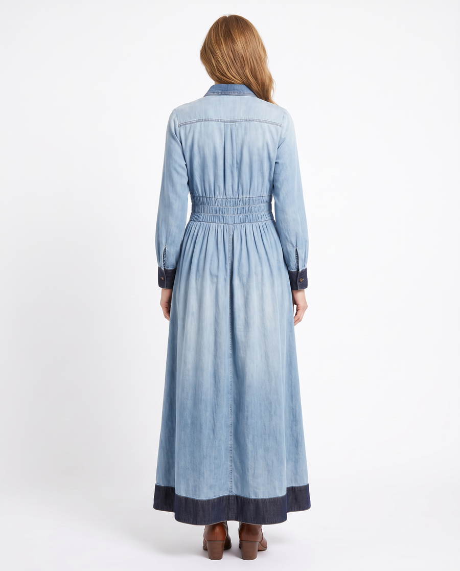 Phyllis-Estelle | Women's Smocked-Waist Denim Maxi Shirt Dress - back