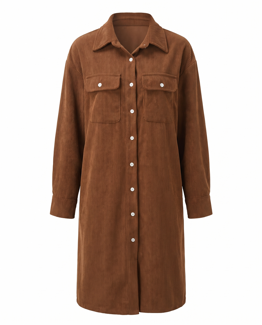 Brown corduroy button front midi shirt dress, front view
