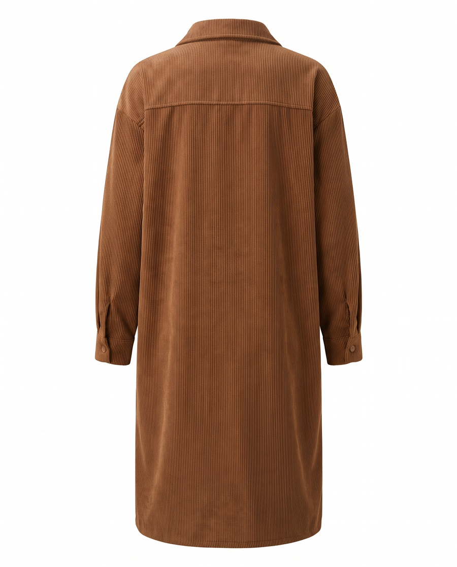 Brown corduroy button front midi shirt dress, back view