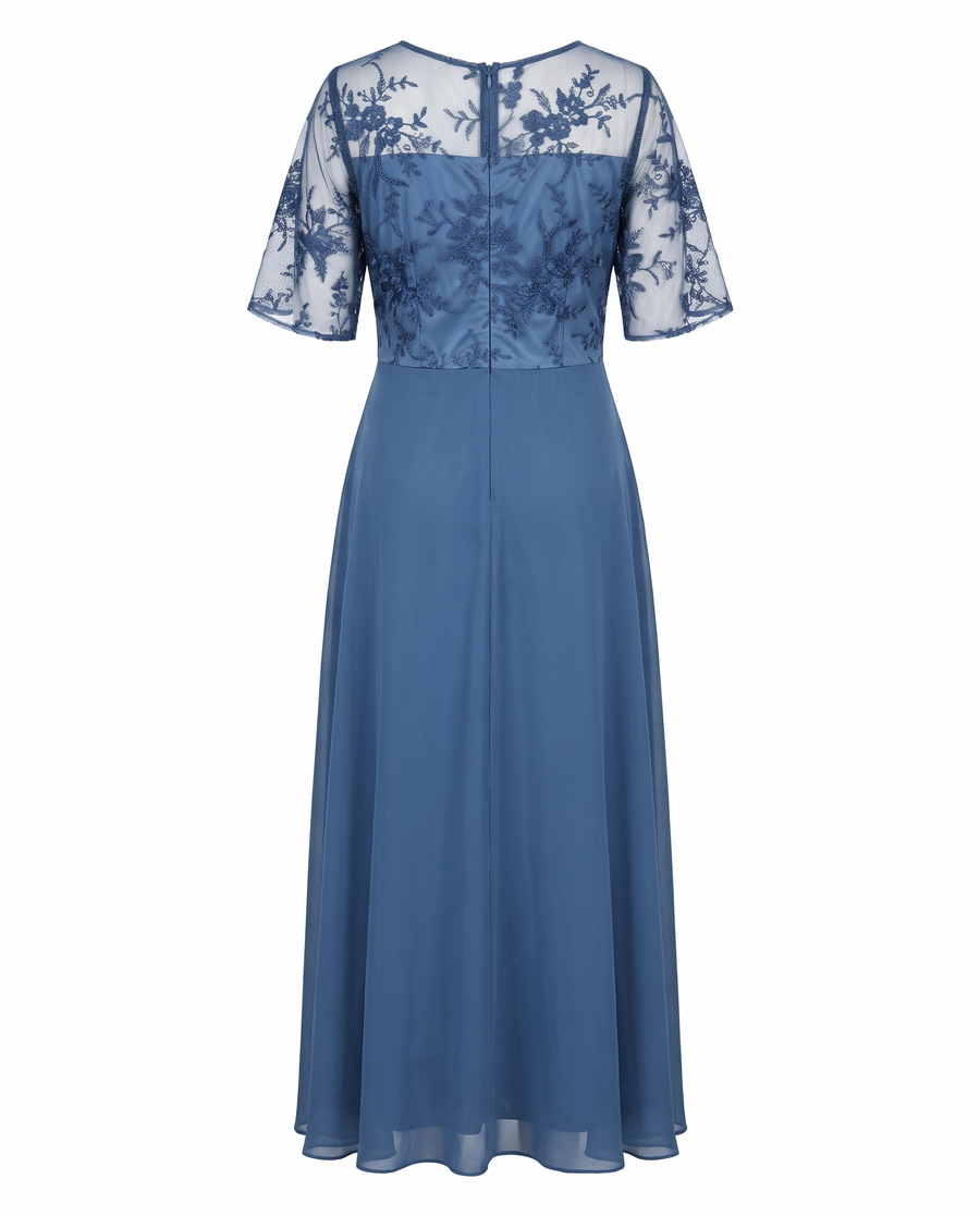 Blue lace bodice chiffon maxi dress back view