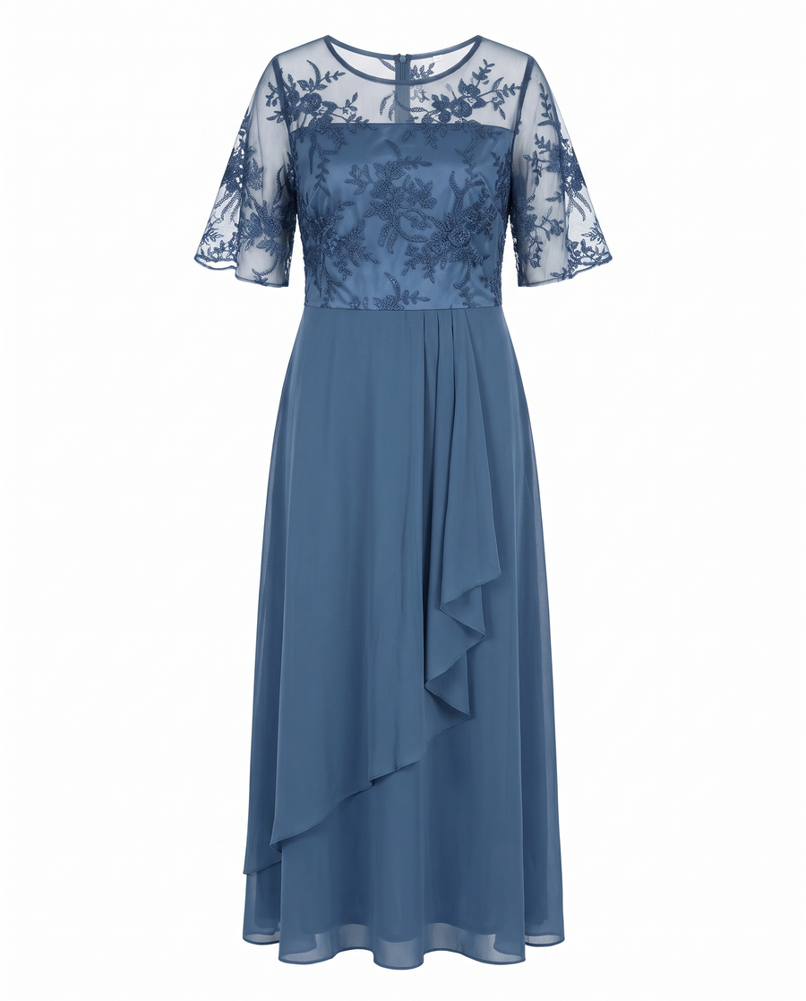 Blue lace bodice chiffon maxi dress front view