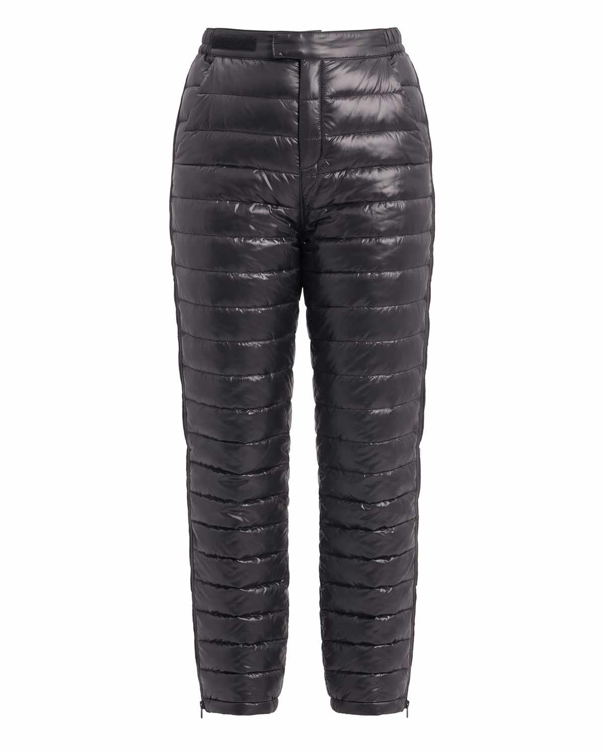 Aurora women's quilted side zip snow pants in glossy black, product only on white background