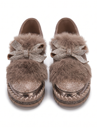 Brown crystal bow platform loafers with faux fur trim, front view on white