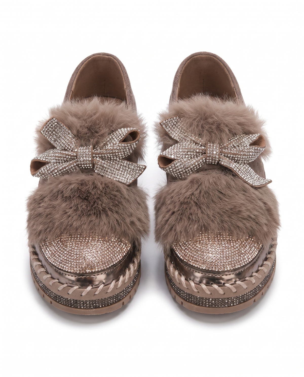 Brown crystal bow platform loafers with faux fur trim, front view on white
