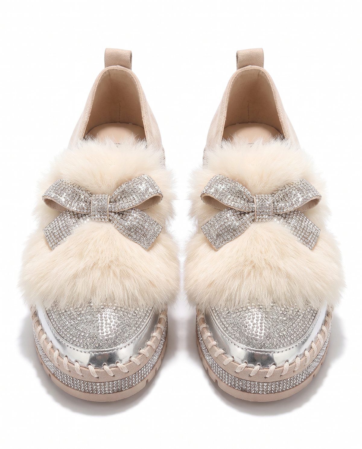 Silver crystal bow platform loafers with faux fur trim, front view on white