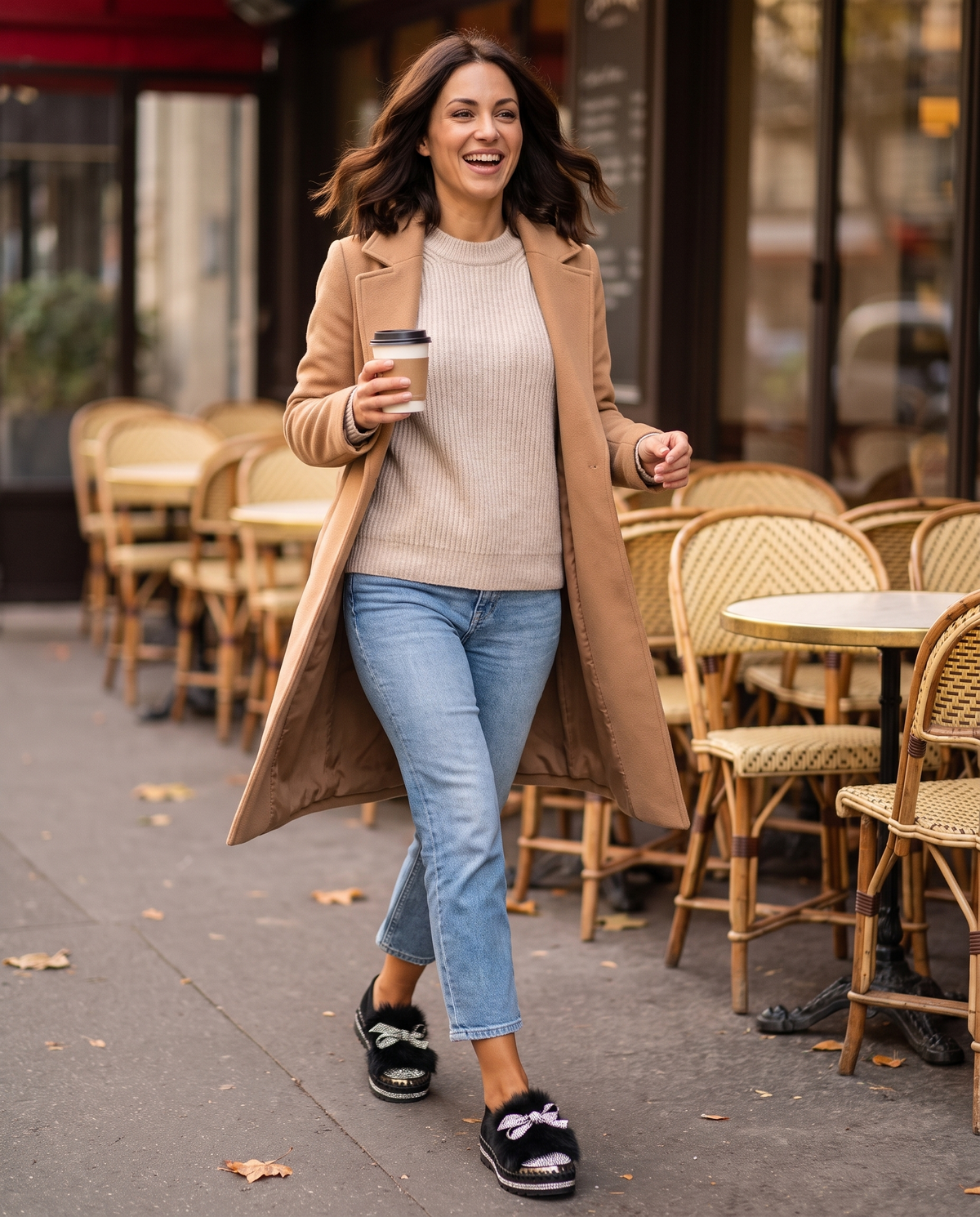 Woman walking past a cafe terrace with coffee in black crystal bow platform loafers
