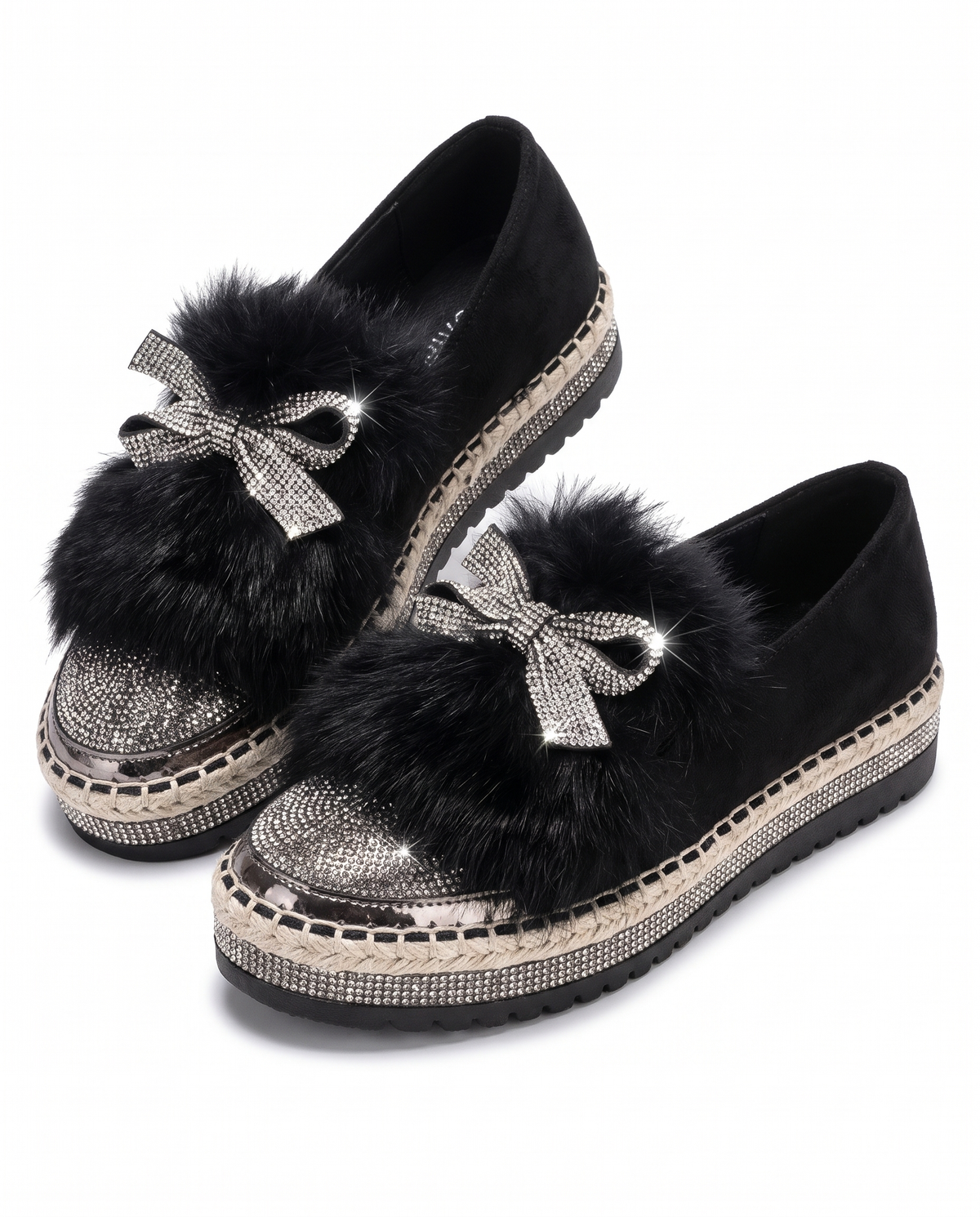 Black crystal bow platform loafers with faux fur trim, pair shown on white