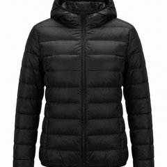 Women's lightweight hooded puffer jacket in black, front view