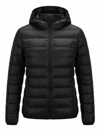Women's lightweight hooded puffer jacket in black, front view