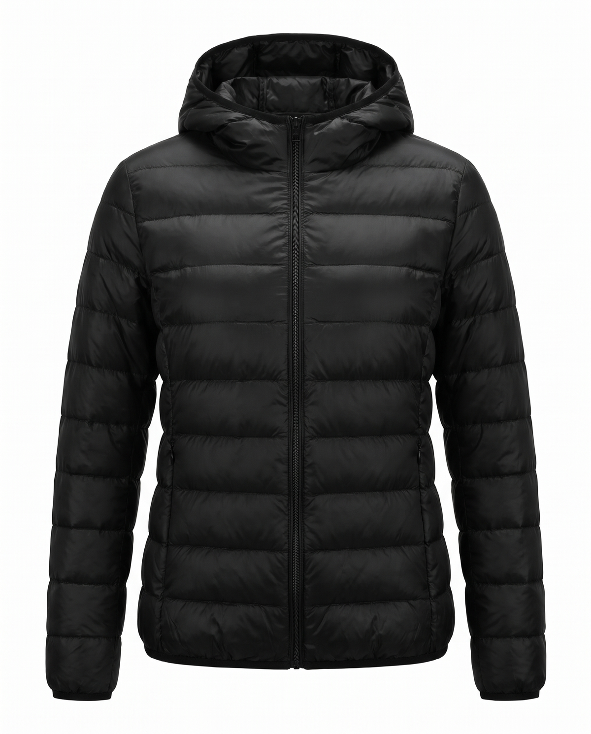 Women's lightweight hooded puffer jacket in black, front view