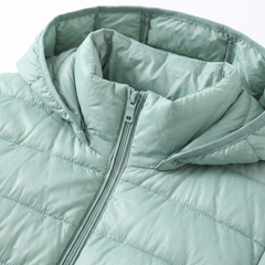 Close-up of the hood, zip collar and quilted channels