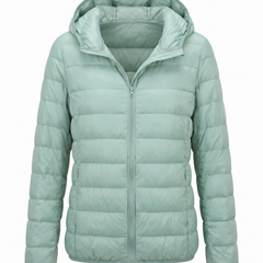 Women's lightweight hooded puffer jacket in green, front view