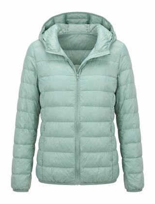 Women's lightweight hooded puffer jacket in green, front view