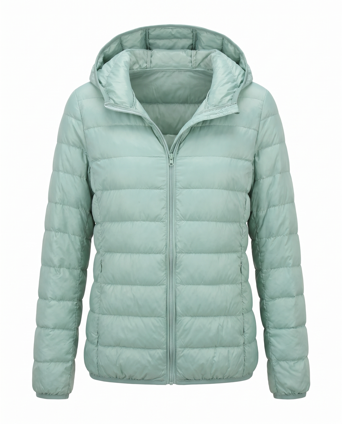 Women's lightweight hooded puffer jacket in green, front view