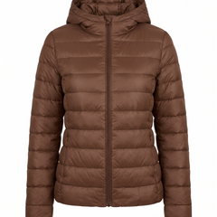 Women's lightweight hooded puffer jacket in brown, front view