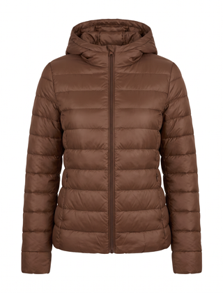 Women's lightweight hooded puffer jacket in brown, front view