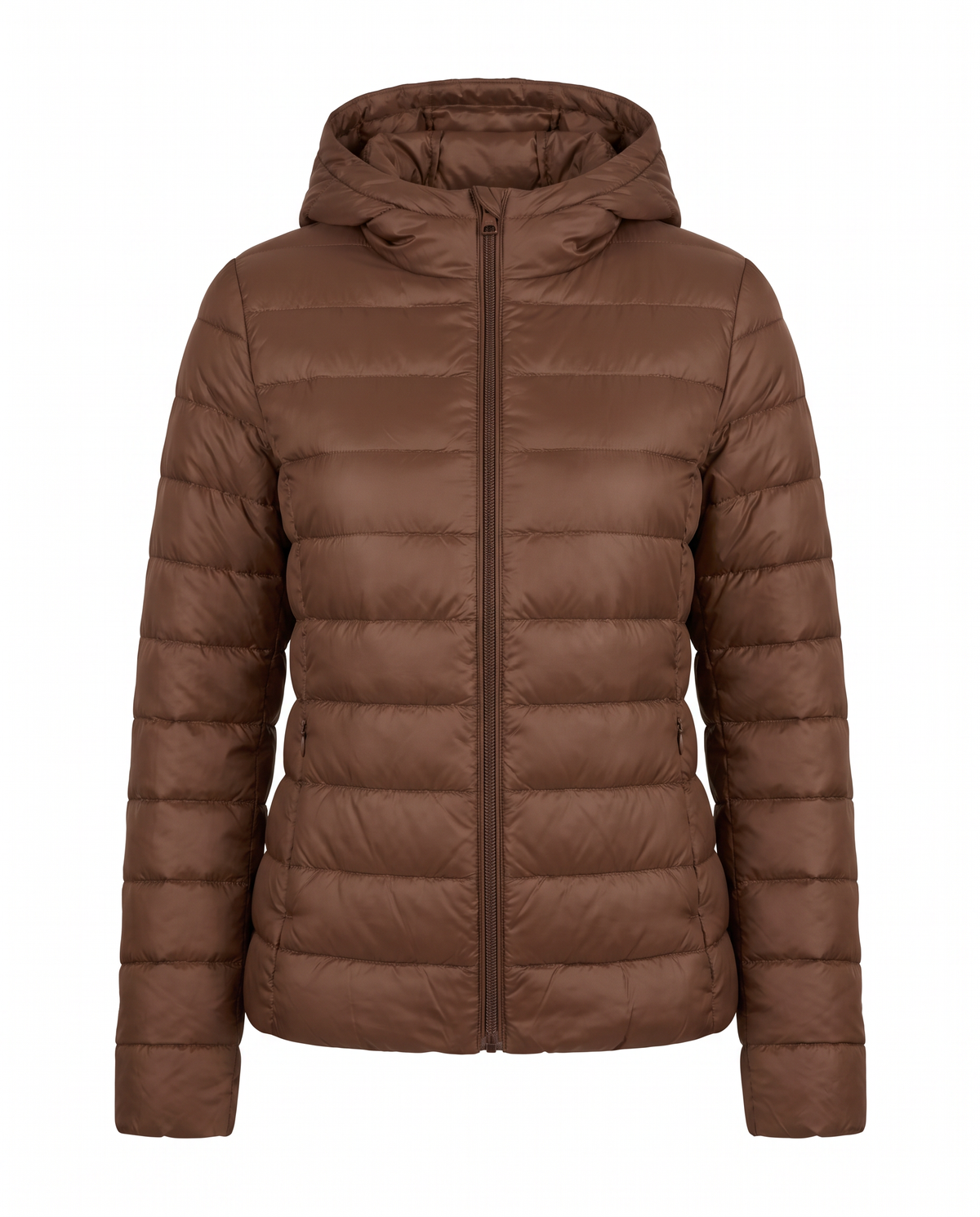 Women's lightweight hooded puffer jacket in brown, front view