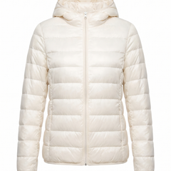 Women's lightweight hooded puffer jacket in white, front view
