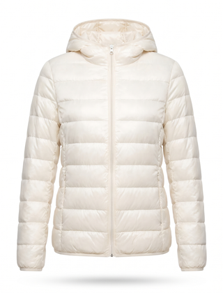Women's lightweight hooded puffer jacket in white, front view