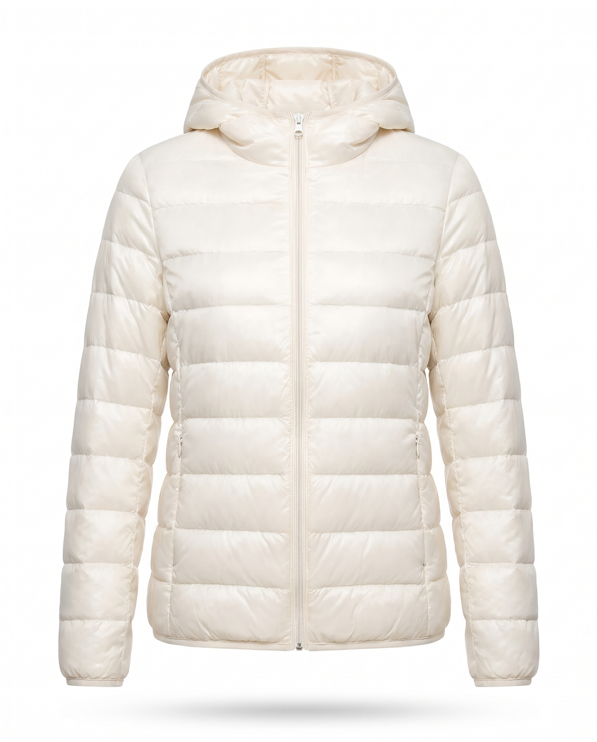 Women's lightweight hooded puffer jacket in white, front view