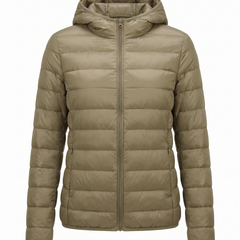 Women's lightweight hooded puffer jacket in khaki, front view