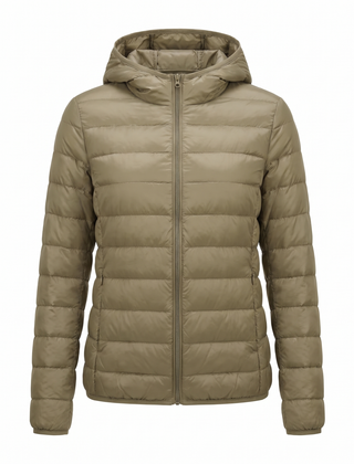 Women's lightweight hooded puffer jacket in khaki, front view