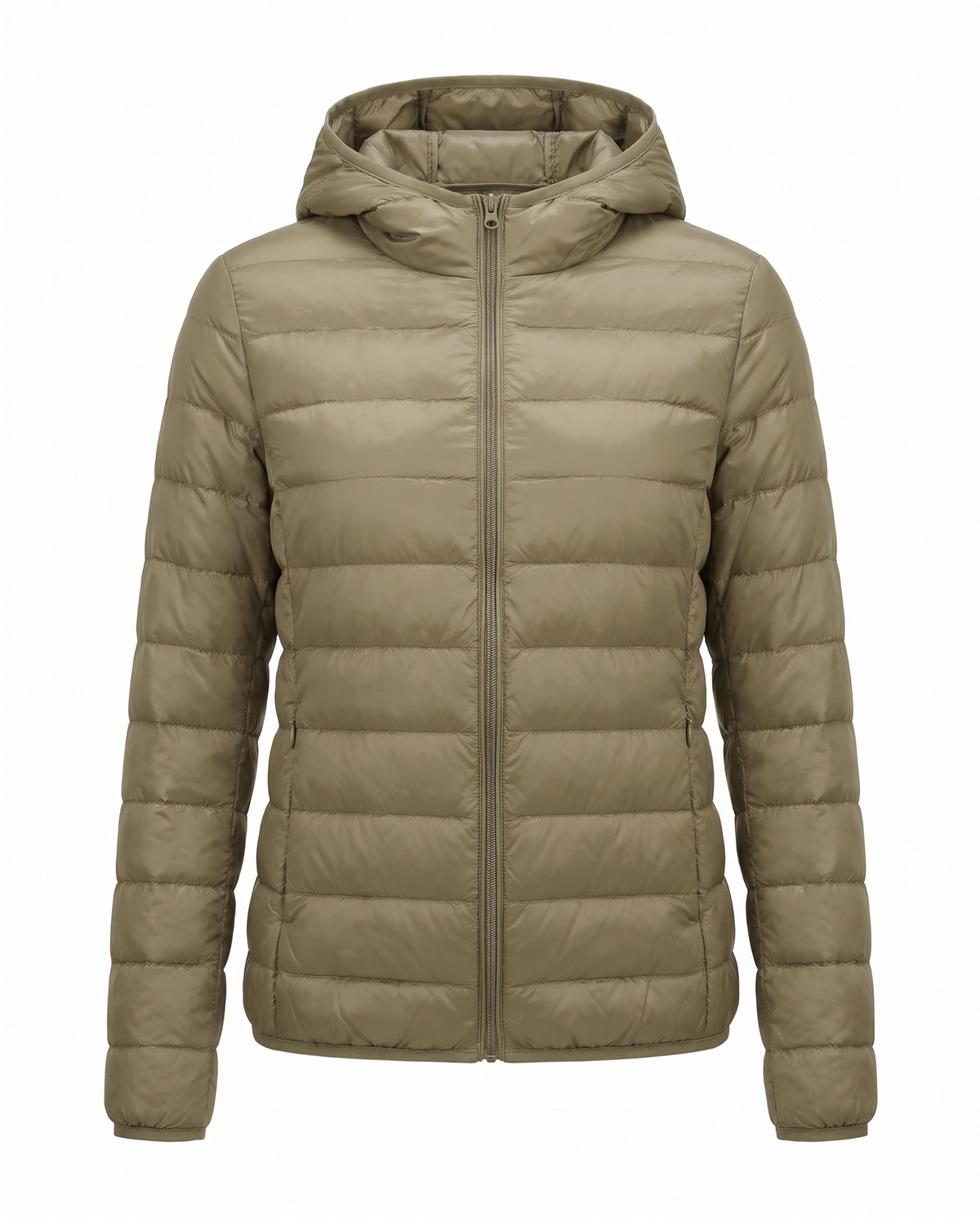 Women's lightweight hooded puffer jacket in khaki, front view