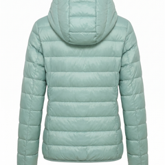 Women's lightweight hooded puffer jacket in green, back view