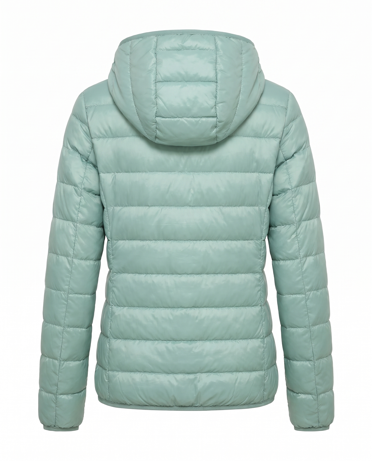 Women's lightweight hooded puffer jacket in green, back view