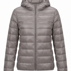 Women's lightweight hooded puffer jacket in gray, front view