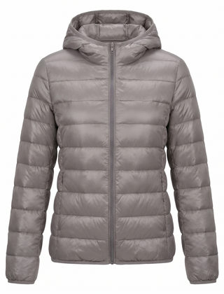Women's lightweight hooded puffer jacket in gray, front view