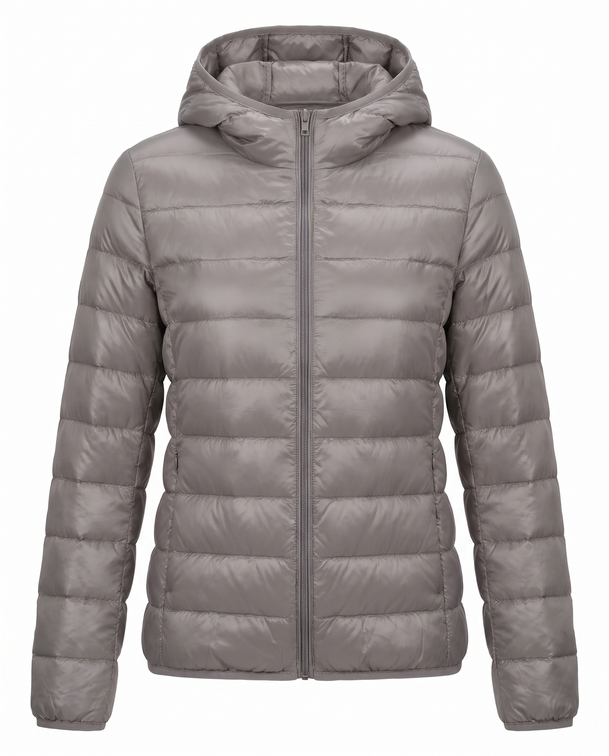 Women's lightweight hooded puffer jacket in gray, front view