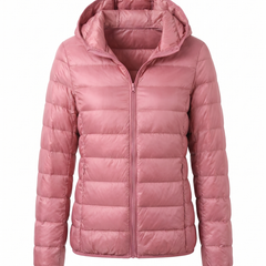 Women's lightweight hooded puffer jacket in pink, front view