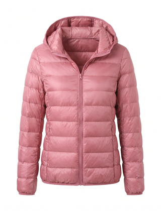 Women's lightweight hooded puffer jacket in pink, front view
