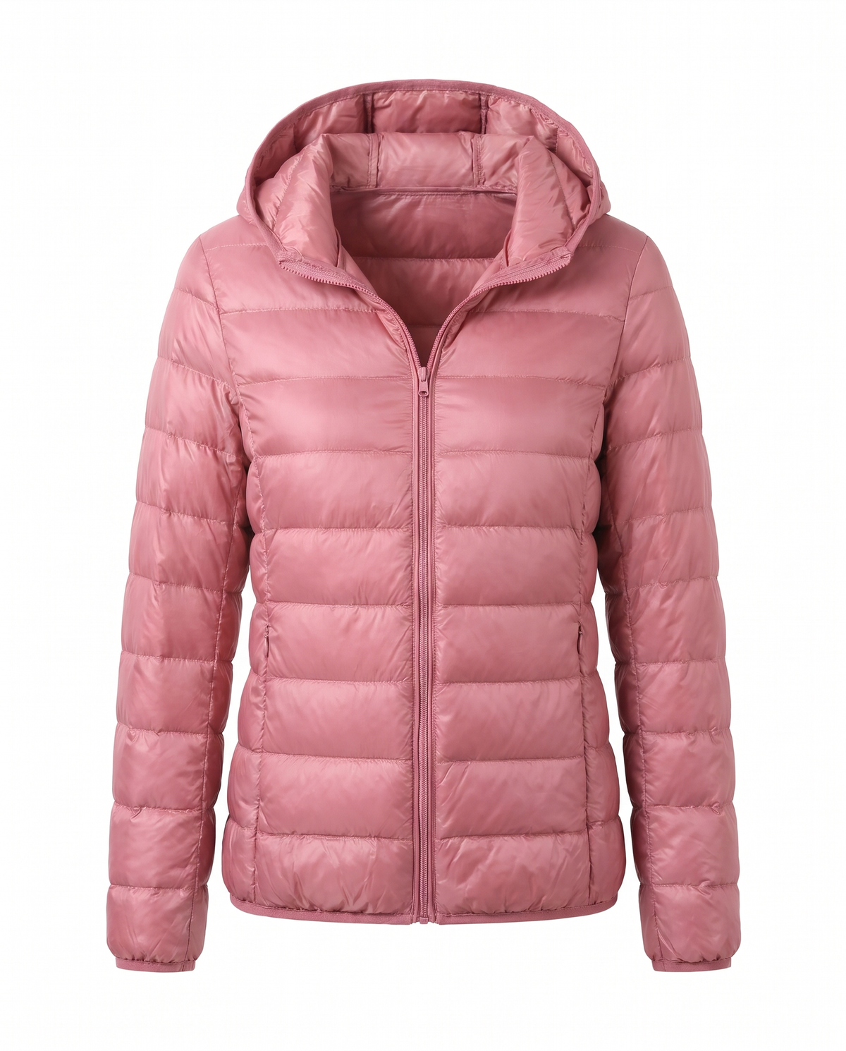 Women's lightweight hooded puffer jacket in pink, front view