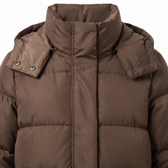 Close-up of the stand collar, snap-off hood and concealed zip placket
